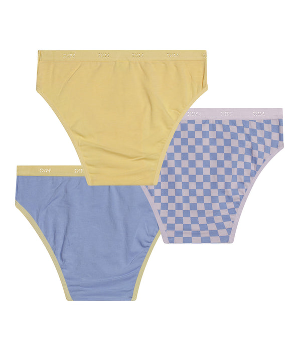 DIM Pack of 3 girls' stretch cotton panties with checkerboard pattern Yellow Les Pockets