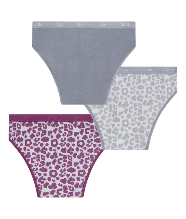 DIM Pack of 3 grey and purple Léo stretch cotton girls' knickers Les Pockets