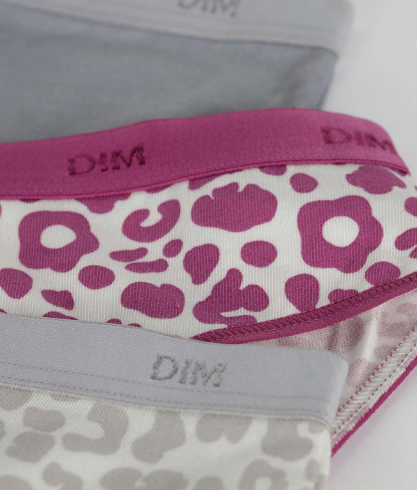 DIM Pack of 3 grey and purple Léo stretch cotton girls' knickers Les Pockets