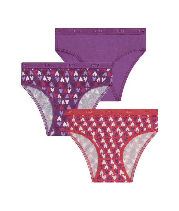 DIM Pack of 3 girls' stretch cotton knickers in purple and red with hearts Les Pockets
