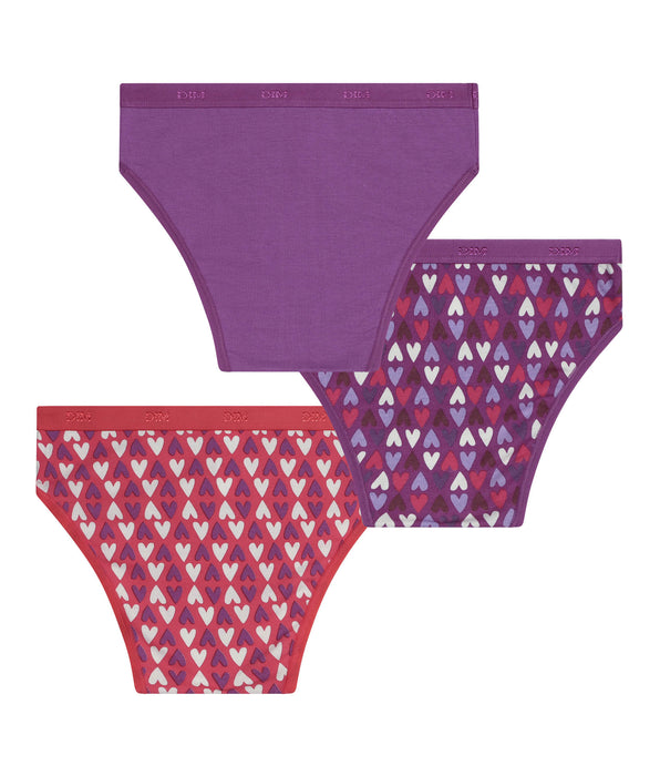 DIM Pack of 3 girls' stretch cotton knickers in purple and red with hearts Les Pockets