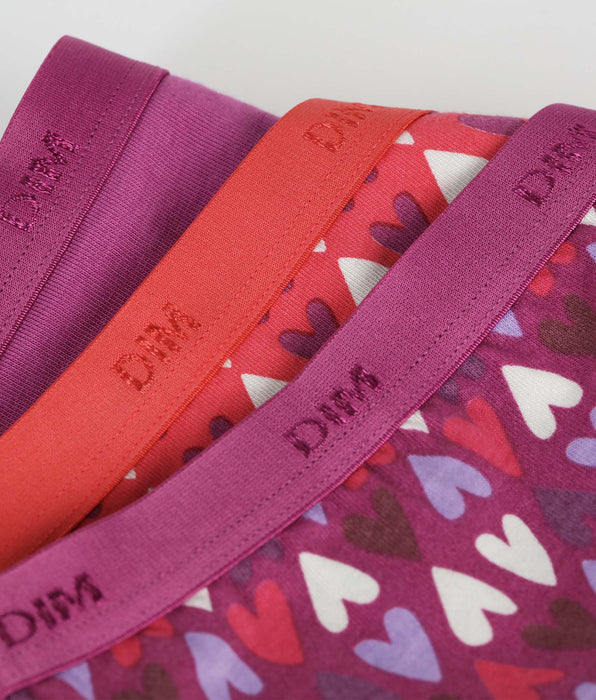 DIM Pack of 3 girls' stretch cotton knickers in purple and red with hearts Les Pockets