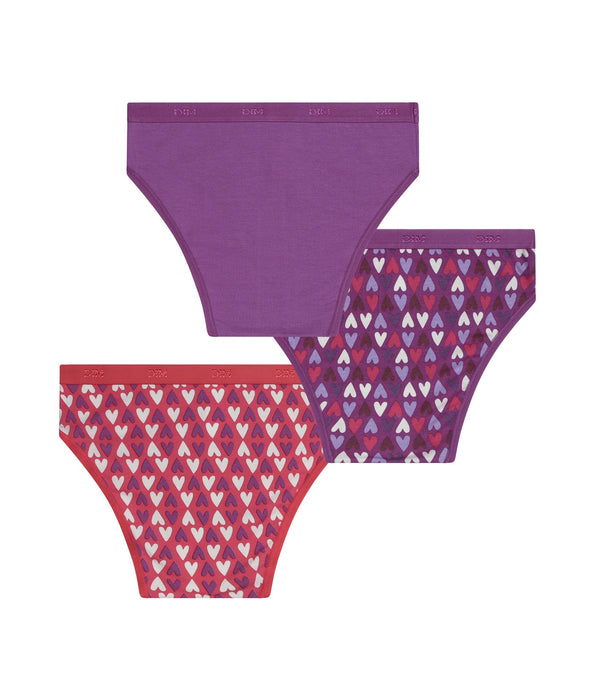 DIM Pack of 3 girls' stretch cotton knickers in purple and red with hearts Les Pockets