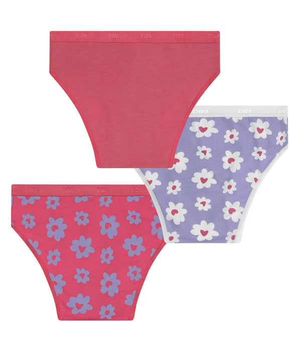 DIM Pack of 3 Les Pockets stretch cotton girls' knickers in purple and pink with floral print