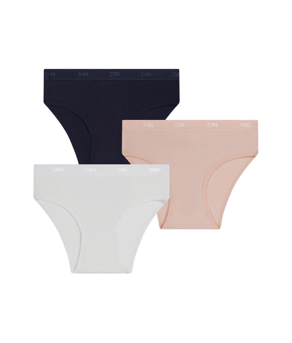 DIM Pack of 3 girls' stretch cotton briefs in pink, blue and white Les Pockets