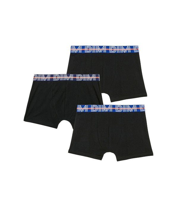 DIM EcoDim Pack of 3 black boy's stretch cotton boxers with contrasting waistband
