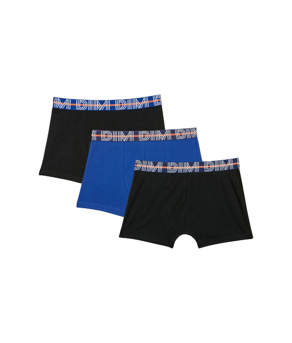 DIM EcoDim Pack of 3 blue boy's stretch cotton boxers with contrasting waistband