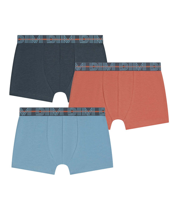 DIM Pack of 3 boys' boxer shorts in Blue, Apricot and Grey Stretch Cotton Kids