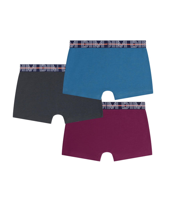 DIM Pack of 3 boys' boxer shorts in Bordeaux Blue Ebony  Cotton Stretch Kids