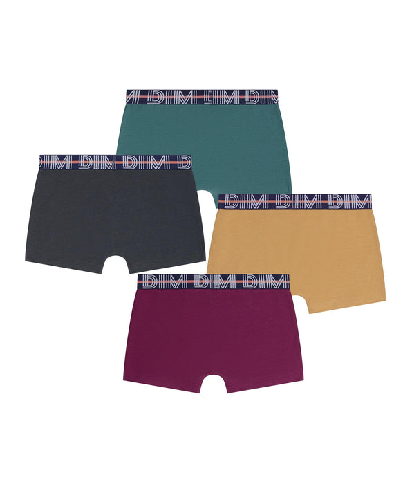 DIM Pack of 4 boys' boxer shorts in Bordeaux, Yellow, Ebony and Green Stretch Cotton Kids