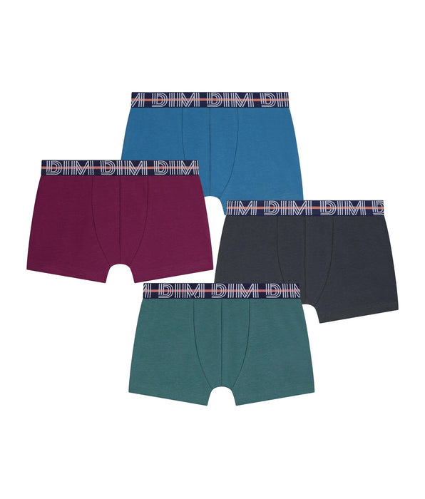 DIM Pack of 4 boys' boxer shorts in Green, Ebony, Burgundy and Blue Stretch Cotton Kids