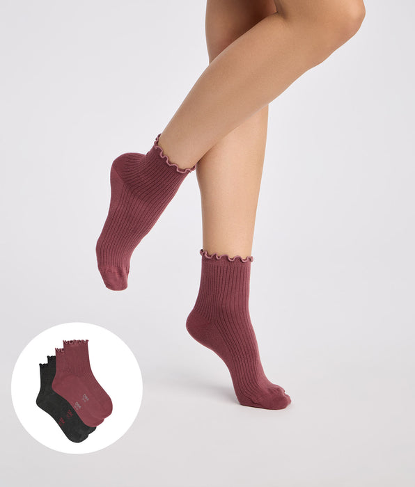 DIM Pack of 2 anthracite grey and burgundy Modal ankle socks
