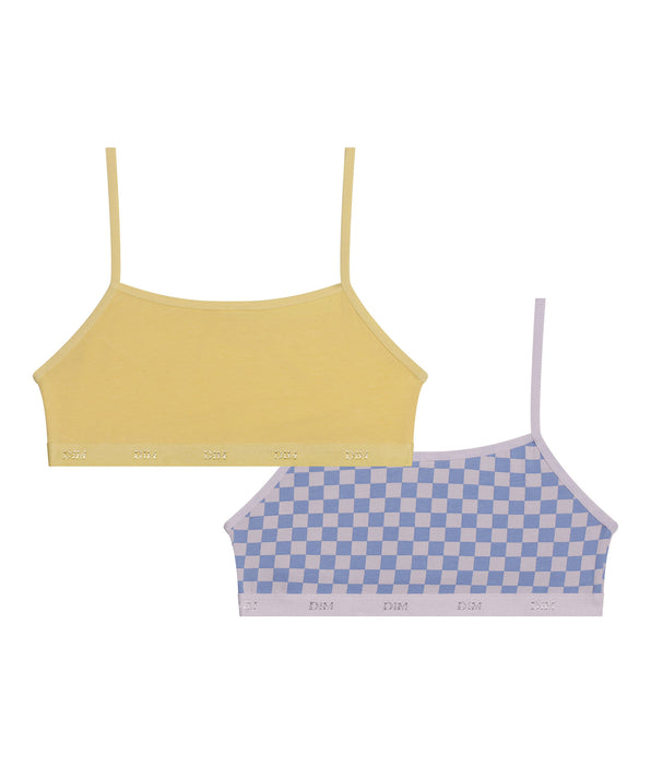 DIM Pack of 2 girls' stretch cotton bras Lila check pattern Les Pockets