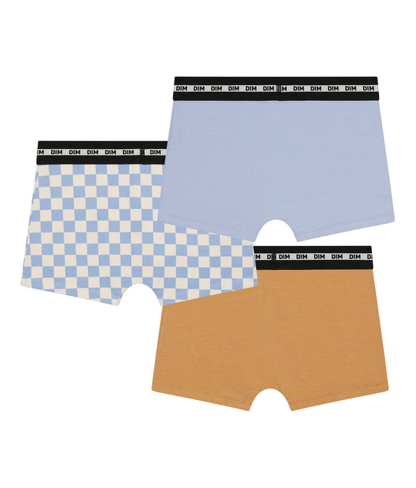 DIM Pack of 3 Lila Blue Cotton Stretch Fashion checkerboard boxer shorts for boys
