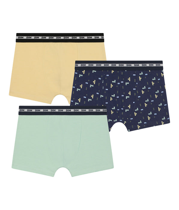 DIM Pack of 3 Pixel Blue Yellow Cotton Stretch Fashion Boxer Briefs for Boys