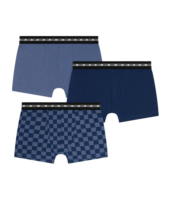 DIM Pack of 3 Dim Cotton Stretch Blue Checkered Boys' Boxer Shorts