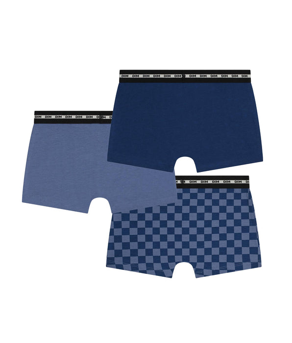 DIM Pack of 3 Dim Cotton Stretch Blue Checkered Boys' Boxer Shorts