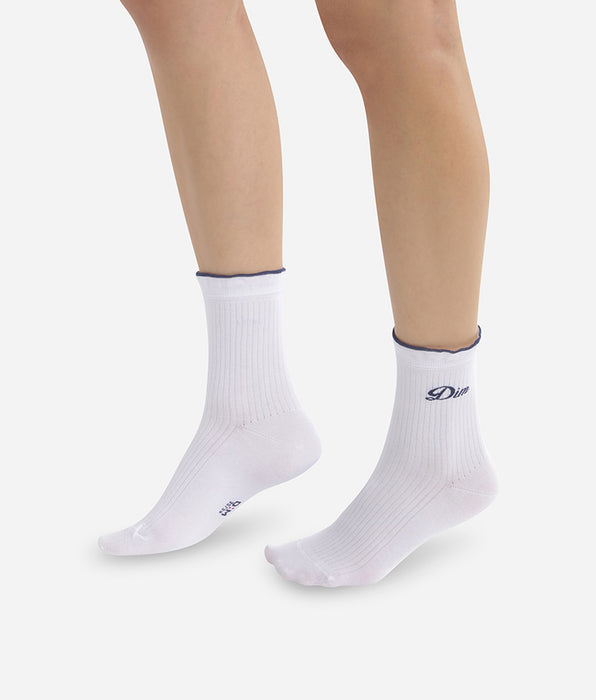 DIM Women's white cotton ankle socks with Madame Dim's embroidered Dim signature