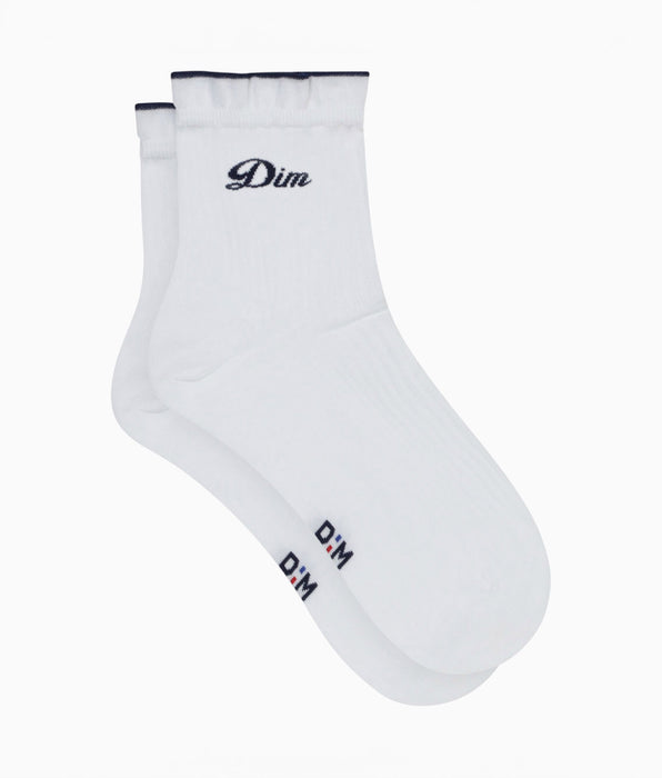 DIM Women's white cotton ankle socks with Madame Dim's embroidered Dim signature