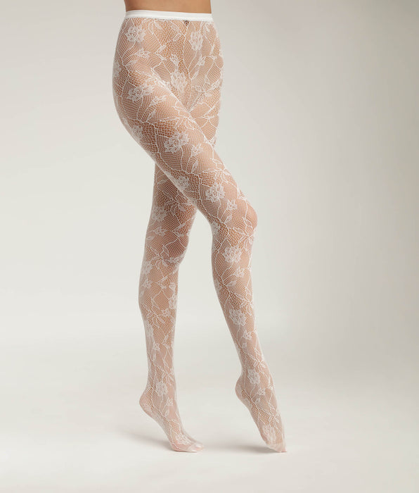 DIM Women's fishnet and floral lace tights Baroque White Dim Style