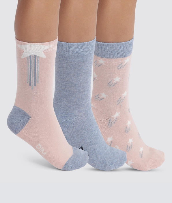 DIM Pack of 3 pairs of children's socks with stars in Denim Pink Cotton Style