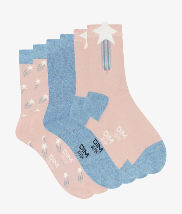 DIM Pack of 3 pairs of children's socks with stars in Denim Pink Cotton Style
