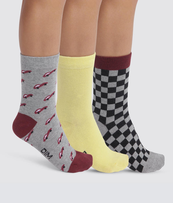 DIM Pack of 3 pairs of checkered children's socks in Gray Yellow Cotton Style