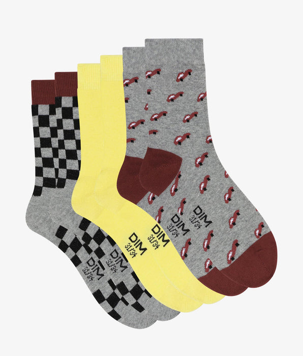DIM Pack of 3 pairs of checkered children's socks in Gray Yellow Cotton Style