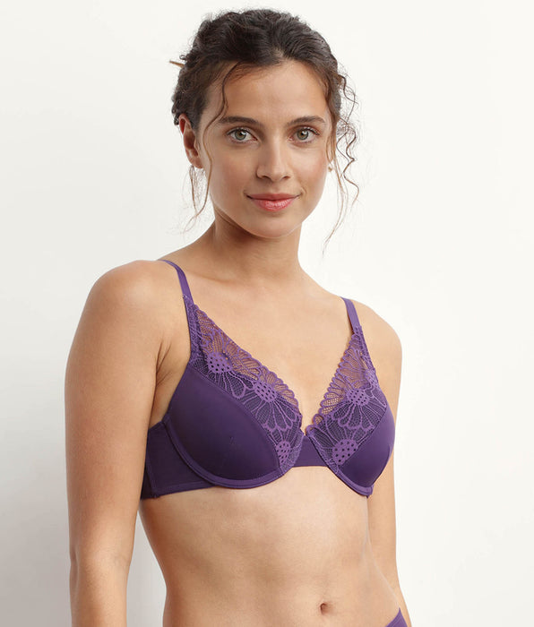 DIM Microfibre lace demi-cup bra in Purple DIM Fleur