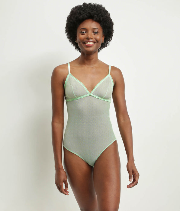 DIM Women's sheer tulle bodysuit in green with lurex polka dots Dim Shiny Mesh
