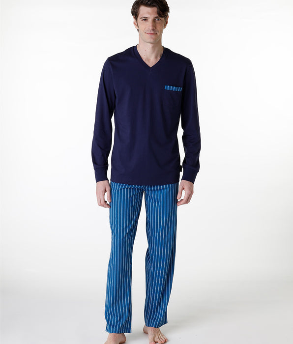 DIM Long V-neck pajama in navy blue jersey for men
