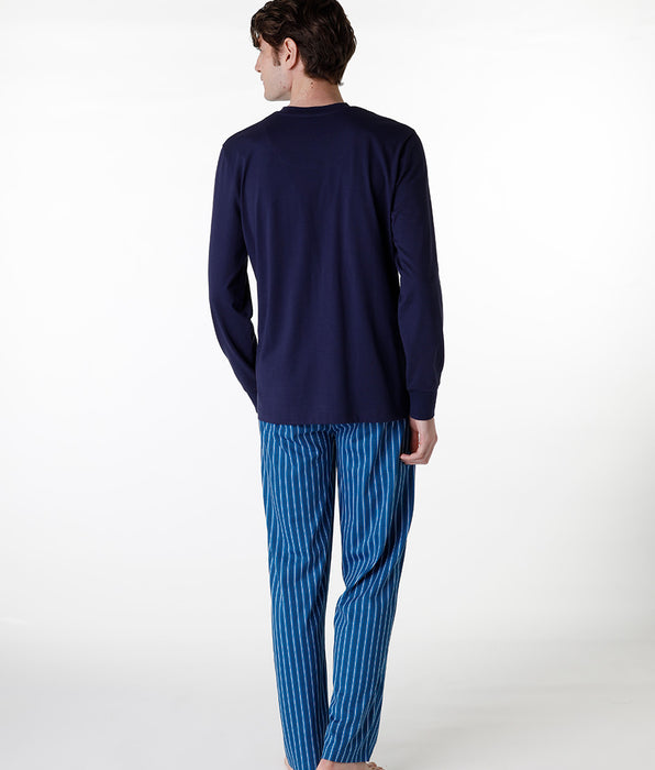 DIM Long V-neck pajama in navy blue jersey for men
