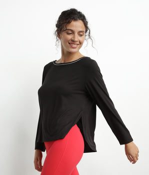 Women's sports top with boat neck in black viscose Dim Move