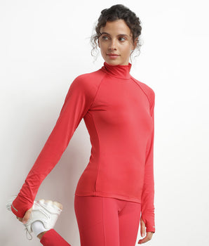Women's sports top with high collar in red microfiber Dim Move