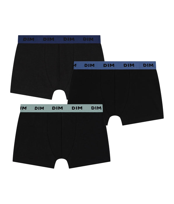 DIM Pack of 3 men's stretch cotton boxer shorts in black with coloured waistbands in Blue, Lilac and Mix & Colors