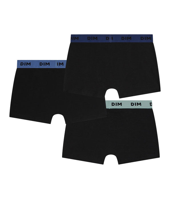 DIM Pack of 3 men's stretch cotton boxer shorts in black with coloured waistbands in Blue, Lilac and Mix & Colors
