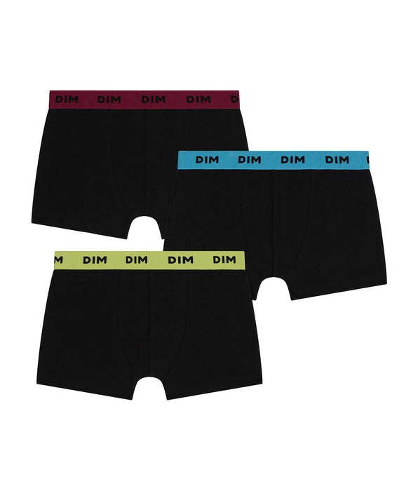 DIM Pack of 3 men's stretch cotton boxer shorts with coloured waistbands in Lemon Blue Mix & Colors