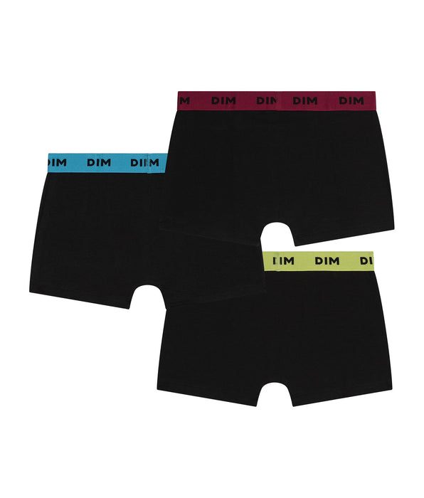 DIM Pack of 3 men's stretch cotton boxer shorts with coloured waistbands in Lemon Blue Mix & Colors
