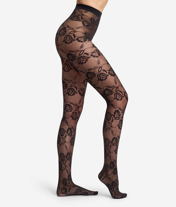 DIM Fancy floral tulip-pattern velvet-effect black tights Style