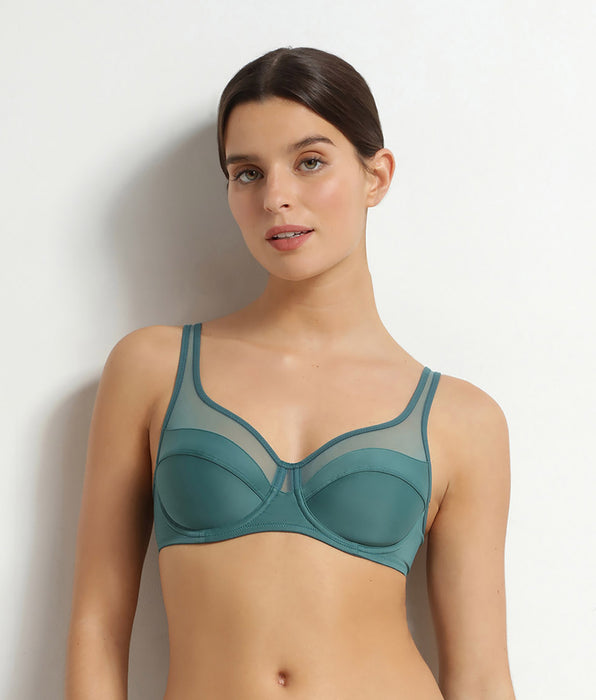 DIM Full-cup bra in microfibre and emerald green tulle Generous