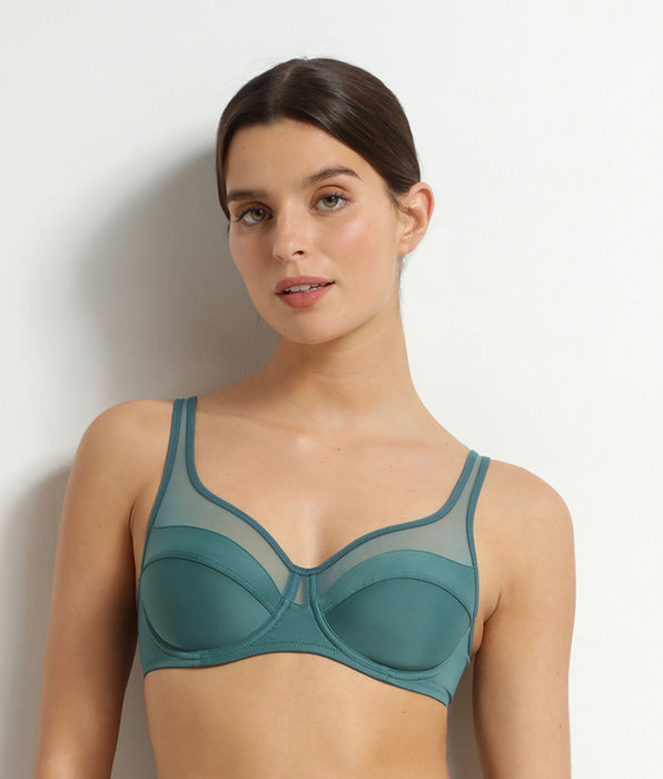DIM Full-cup bra in microfibre and emerald green tulle Generous