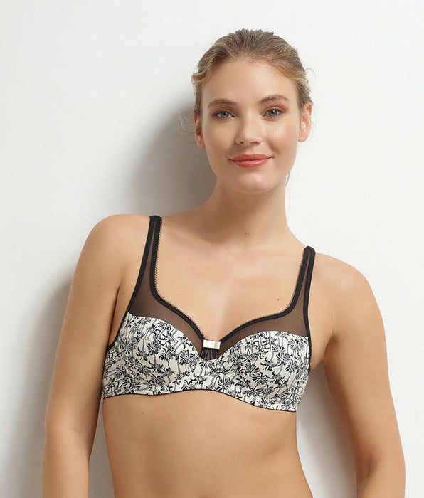 DIM Generous full-cup bra in microfibre and tulle with palm tree pattern