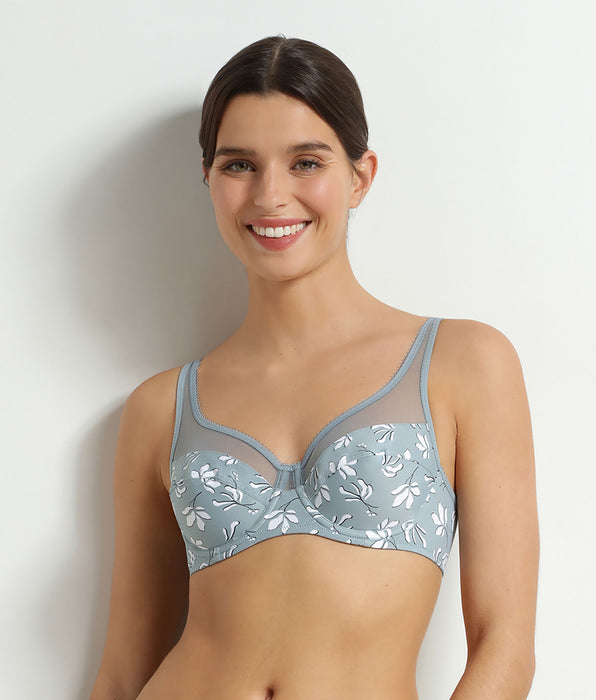 DIM Generous microfibre and tulle full cup bra in Sage Fleurie