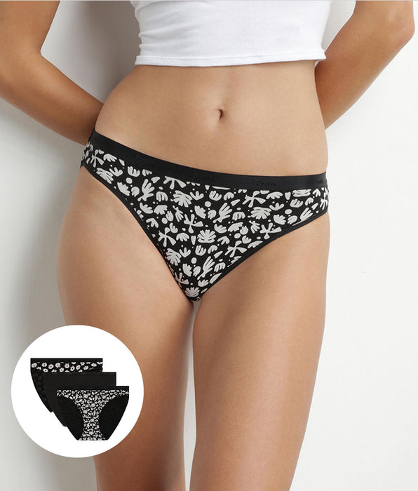 DIM Pack of 3 black stretch cotton briefs with flowers Les Pockets