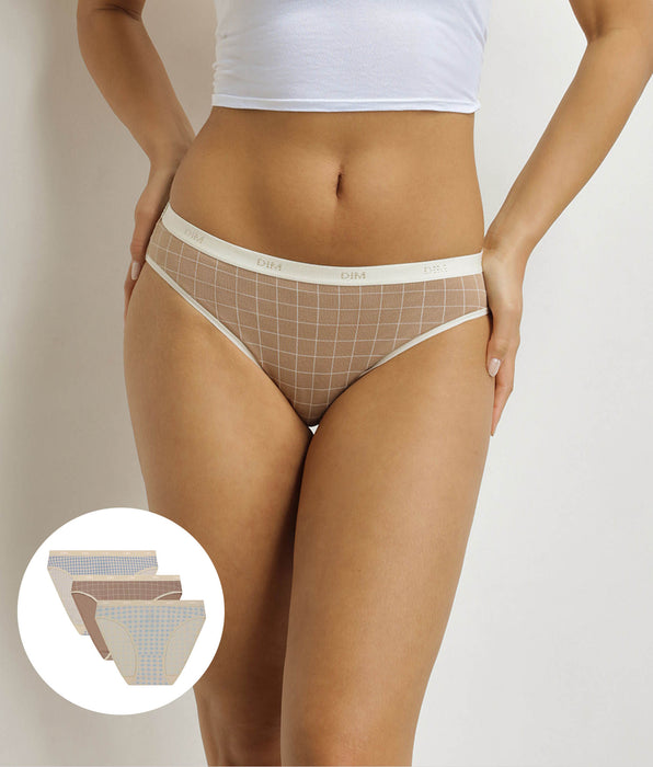 DIM Pack of 3 Women's Gingham Briefs Ecru Blue Beige Les Pockets