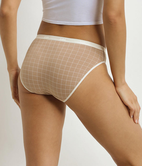 DIM Pack of 3 Women's Gingham Briefs Ecru Blue Beige Les Pockets