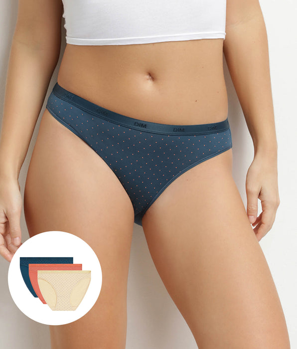 DIM Pack of 3 Dim Les Pockets women's stretch cotton briefs with polka dots