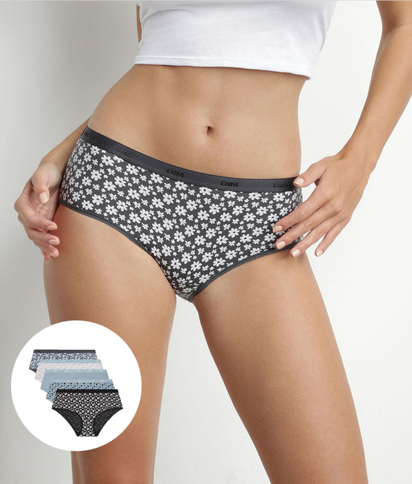 DIM Pack of 5 women's stretch cotton shorties Blue Grey with flowers Les Pockets