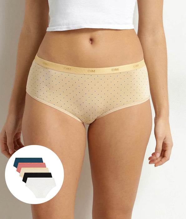DIM Pack of 5 Les Pockets women's stretch cotton boxer shorts with polka dots
