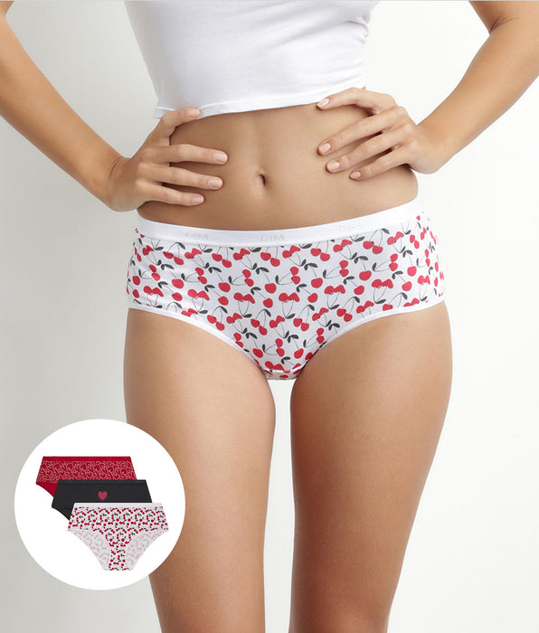 DIM Pack of 3 red stretch cotton shorties with heart pattern Les Pockets